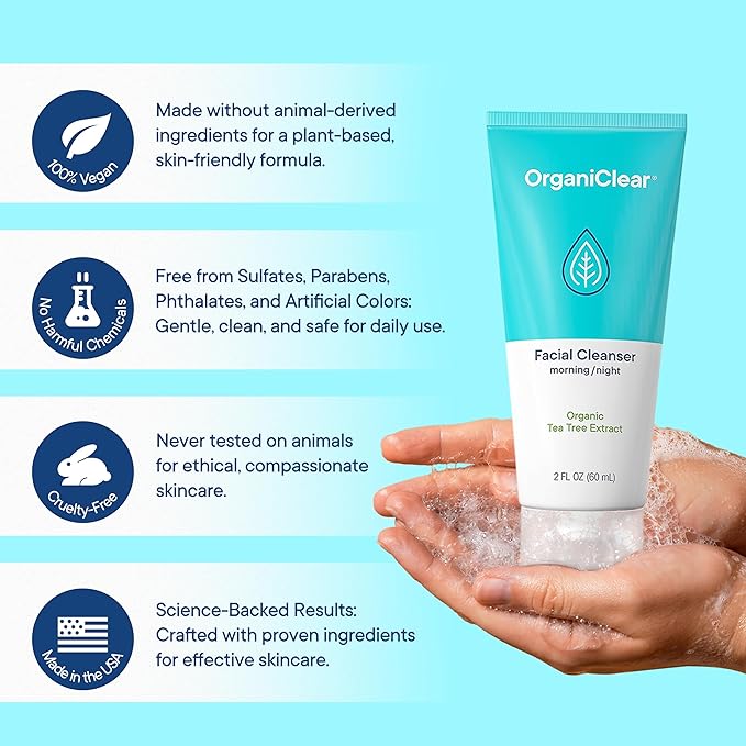 Facial Cleanser w/Organic Tea Tree & Salicylic Acid – Gentle Daily Foaming Gel Face Wash for Deep Cleansing & Makeup Removal – Unclogs Pores, Eliminates Dirt & Oil, (2 oz) 2 Pack