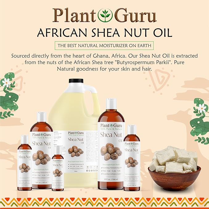 Plant Guru African Shea Nut Butter Oil 32 fl. oz. 100% Pure Natural Skin, Face, Hair Growth And Moisturizer. DIY Body Butters, Lotions, Creams, Lip Balm And Soap Making.