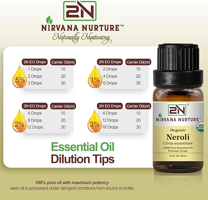 Neroli Essential Oil, USDA Certified Organic, 100% Pure Undiluted, Aromatherapy Oil for Diffuser, Hair & Skin Care