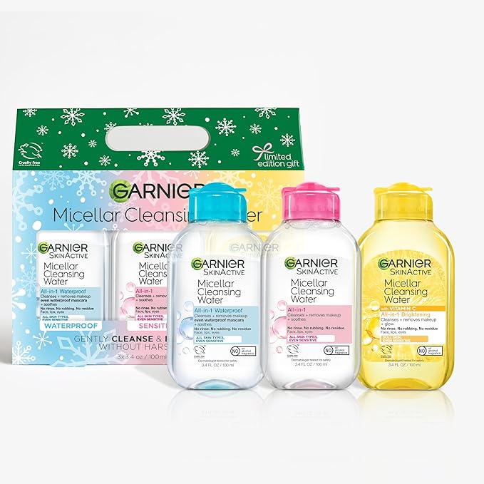Garnier SkinActive Micellar Holiday Skincare Gift Set, Includes 3 Travel Size Micellar Water Formulas, Includes 100ml Original, Waterproof and Vitamin C Formulas, 1 Kit