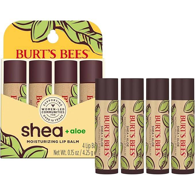 Burt's Bees Shea and Aloe Moisturizing Lip Balm, Lip Moisturizer With Responsibly Sourced Beeswax, Tint-Free, Natural Origin Conditioning Treatment, 4 Tubes, 0.15 oz.