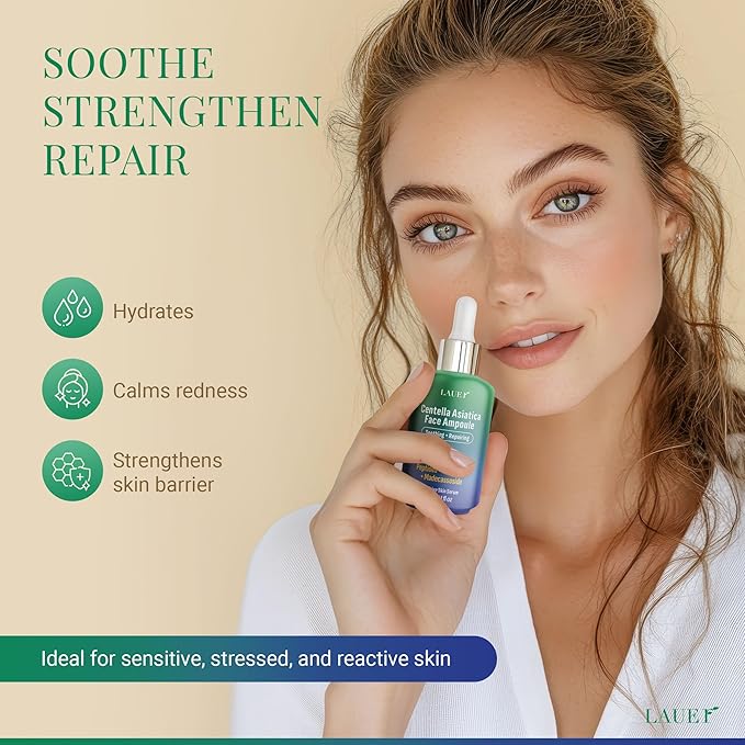 Centella Asiatica Ampoule Serum 95% Madagascar Extract Redness Relief & Barrier Repair with Peptides Ceramides & Madecassoside Soothing Hydrating Serum for Sensitive Irritated Skin 1 fl oz