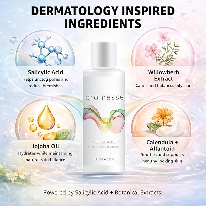 promesse Acne Control Facial Cleanser with Glycolic & Salicylic Acid | Anti Aging Gentle Exfoliating Face Wash | Grapefruit Scented Hydrating Cleanser with Natural Ingredients for Skin Wash - 4 fl oz