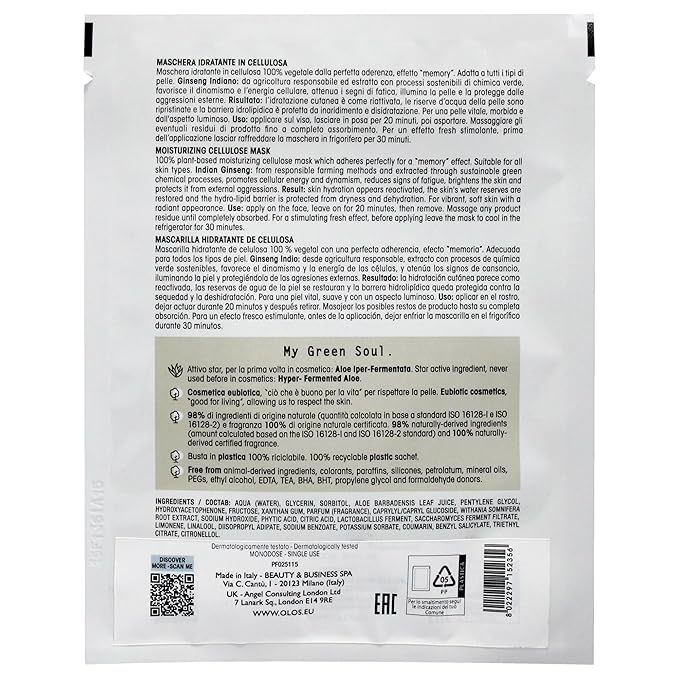 OLOS Moisturizing Cellulose Mask, 0.67 oz - Sheet Masks with Indian Ginseng, Hyper-Fermented Aloe - Antioxidant, Protective and Hydrating Face Mask (Pack of 2)