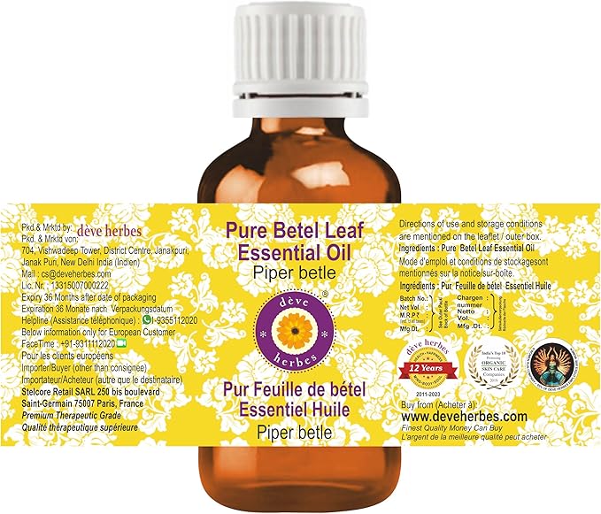 dève herbes Betel Leaf Essential Oil (Piper betle) Pure | Non-Sticky | Non-Greasy | Lightweight | Men & Women | All Skin Types | Steam Distilled 5ml (0.16 oz)