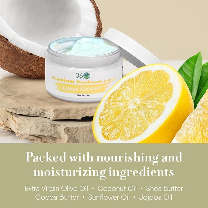 360Feel Lemon Coconut Body Lotion - Hydrates with Coconut & Olive Oil, Plant-Based, Non-Greasy, Sensitive Skin, All Day Use