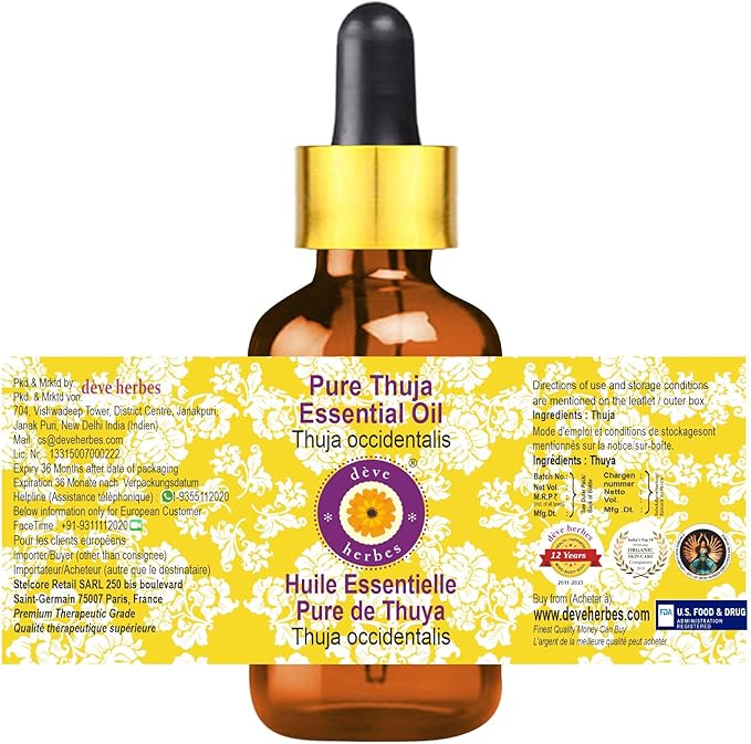 Deve Herbes Pure Thuja Essential Oil (Thuja occidentalis) with Glass Dropper Steam Distilled 30ml (1 oz)