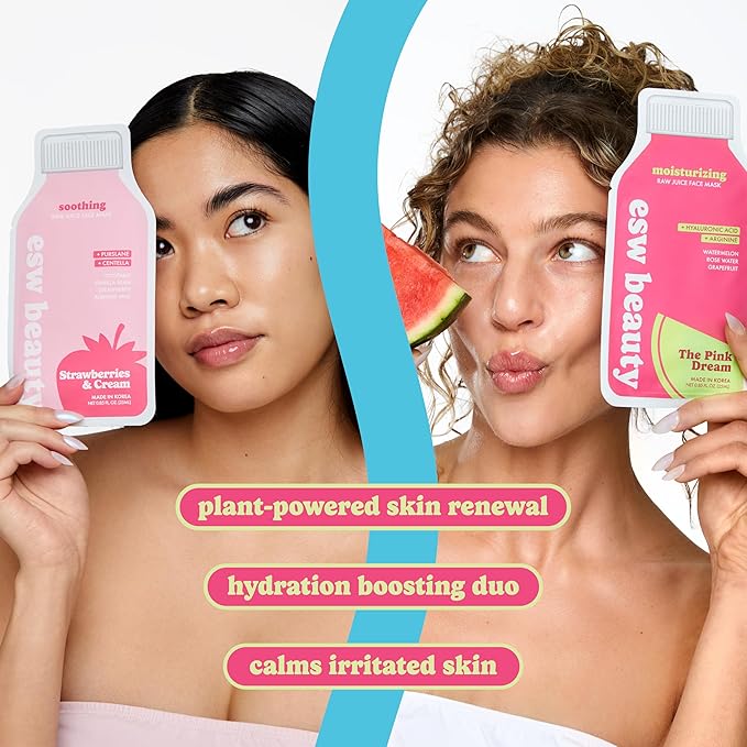 ESW Beauty Hydrating & Soothing Face Masks - 2-Pack Raw Juice Sheet Mask Set - Calming & Moisturizing Skincare Set - Includes Strawberries & Cream & The Pink Dream