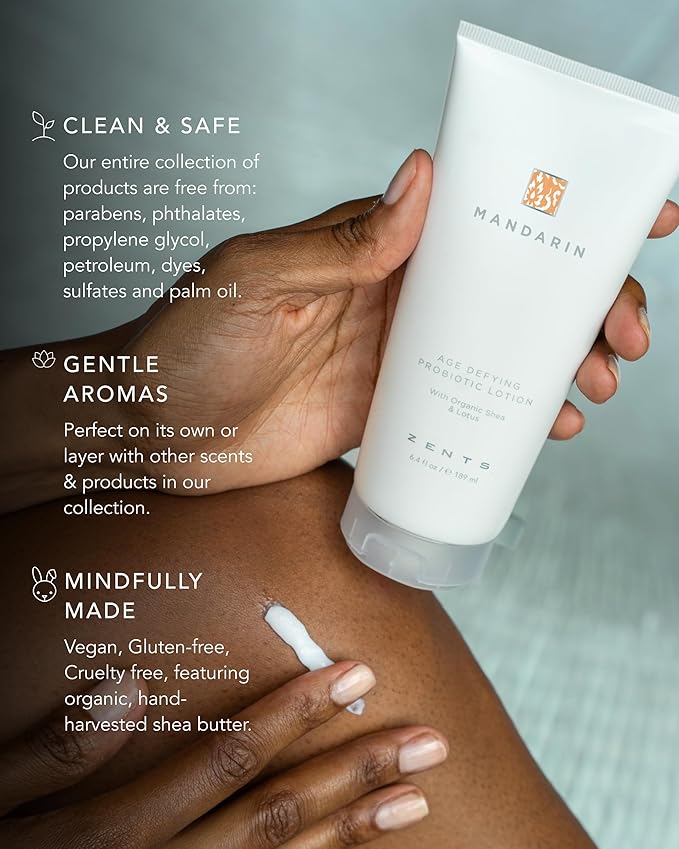 Zents Age-Defying Probiotic Body & Hand Lotion (Mandarin) | Moisturizing Lotion with Hyaluronic Acid & Organic Shea Butter | Nourishes & Hydrates Skin | 6.4 fl oz