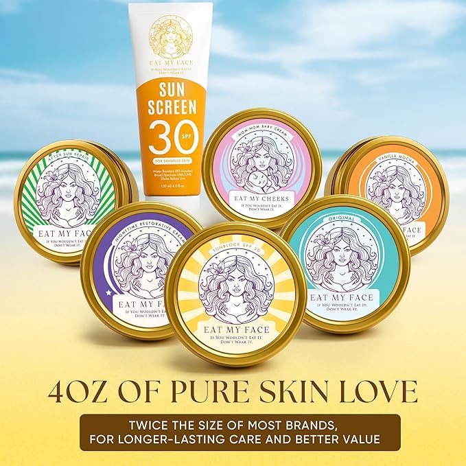 Eat My Face BEEF TALLOW Reef Safe Sunscreen SPF 30 – Non Nano Zinc Oxide – Water Resistant, Organic – Moisturizing Sunblock for Face & Sensitive Skin – 4oz Tin "If You Wouldn't Eat It, Don't Wear It!"
