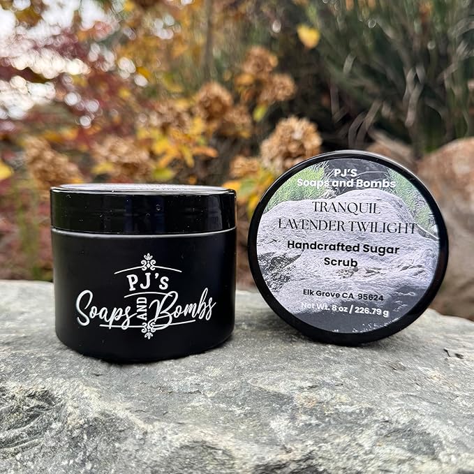 PJ’s Coconut & Almond Bliss Sugar Scrub – Tranquil Lavender Twilight Scent, Exfoliating Body Scrub for Smooth, Soft Skin – Handmade Natural Skincare, Clean Ingredients, Moisturizing Spa Bath Gift