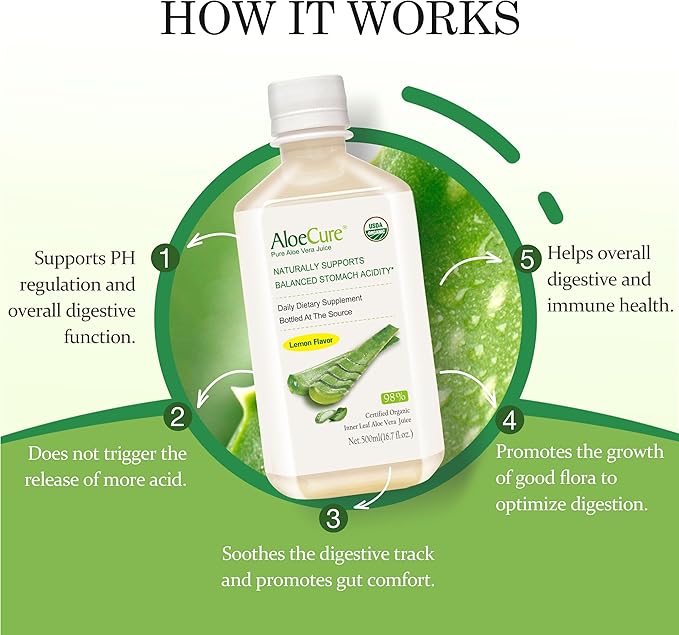 AloeCure USDA Organic Aloe Vera Juice Lemon Flavor - Made Within 12 Hours of Harvest - Natural Digestive Supplement for Balanced Stomach Acidity - Support Digestive and Immune Health, 4 Btls x 16.7oz