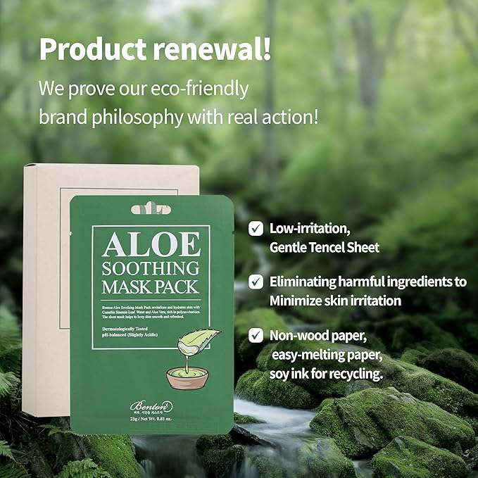 BENTON Aloe Soothing Mask Pack 23g 10 Pack (230g_new) - Aloe & Green Tea Leaf Water Contained Hydrating and Cooling Facial Mask Sheet, Fresh Moisturizing and Cooling Effect