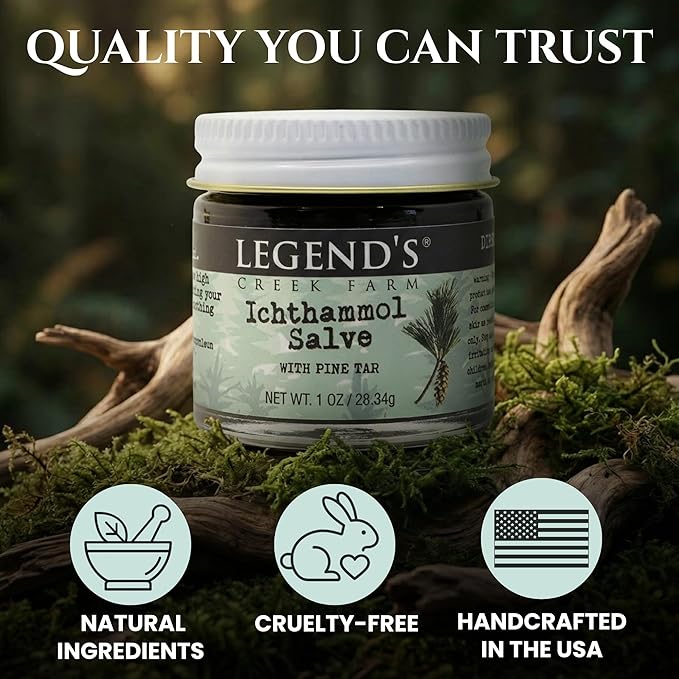 Legend's Creek Farm Herbal Salve - Healing Ointment with 20% Ichthammol Drawing Salve - Natural Balm for Stings, & Splinters - 1 oz - Handmade in USA (Ichthammol Pine Tar)