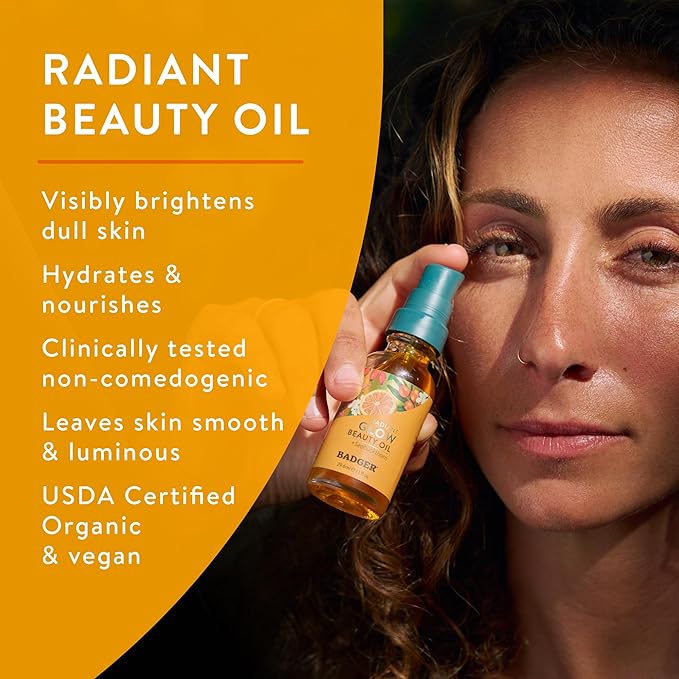 Badger Seabuckthorn Face Oil, Organic Face Moisturizer for Women & Men, Nourishing & Soothing Organic Jojoba, Baobab & Vitamin E Oil, Vegan Antioxidant Rich Facial Oil, 1 fl oz Glass Bottle