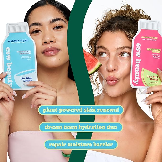 ESW Beauty Hydrating Face Masks - 2-Pack Raw Juice Sheet Mask Set - Moisture Repair & Radiance Skincare Set - Includes The Pink Dream & Blue Dream