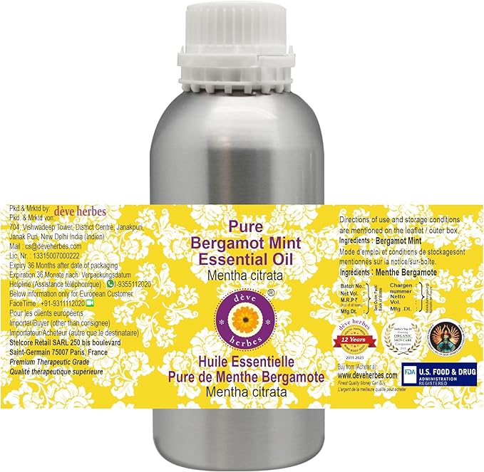 Deve Herbes Pure Bergamot Mint Essential Oil (Mentha citrata) Steam Distilled 1250ml (42 oz)