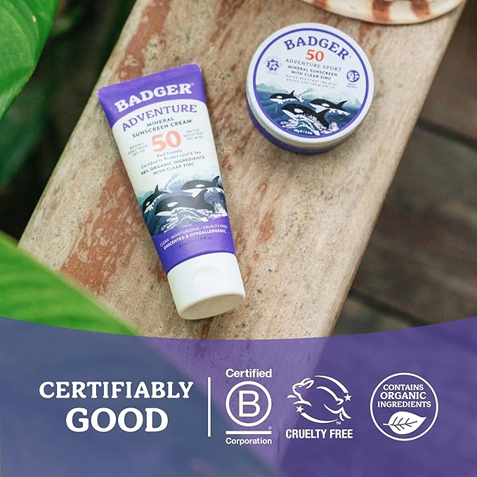 Badger Reef Safe Mineral Sunscreen, SPF 50, 98% Organic with Zinc Oxide, Non Toxic, Water Resistant, Unscented & Hypoallergenic, Broad - Spectrum, For Adventure, Travel & Sport, 2.4 oz Tin (2 Pack)