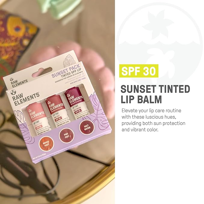 Raw Elements Tinted Lip Beach Pout, Pink Feet, Salt Water SPF 30 .15 oz Sunset Pack