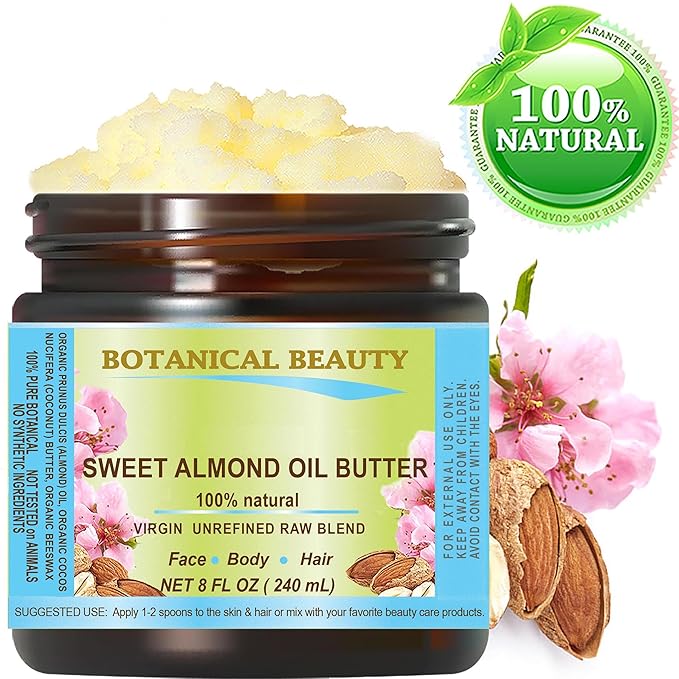 Botanical Beauty SWEET ALMOND OIL BUTTER Pure Natural Virgin Unrefined RAW for FACE, SKIN, BODY, DAMAGED HAIR, NAILS. (8 Fl Oz)