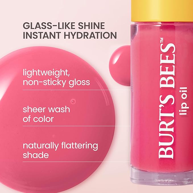 Burt's Bees Lip Oil Pink Sky, Instant Hydration, Nourishes and Softens Lips, Sheer Wash of Color, High Shine Finish, Responsibly Sourced Jojoba Oil, Non Sticky, Wand Applicator, 0.15 Ounce