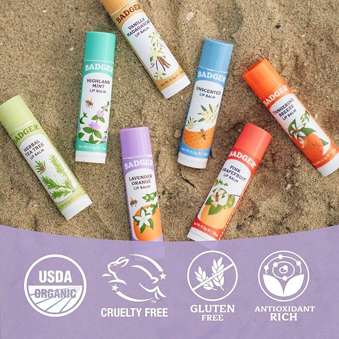 Badger Lavender Orange Classic Lip Balm, 100% Organic Balm, Long Lasting Lip Care w/Light Silky Texture, Uplifting Orange & Calming Lavender Lip Balm, 4 Pack