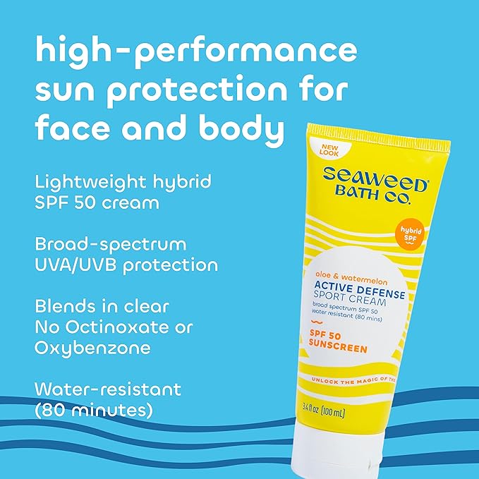 Seaweed Bath Co. Active Sport Defense Cream SPF 50 - Broad Spectrum Hybrid Sunscreen with Zinc Oxide, Aloe & Watermelon - Water Resistant Face and Body Daily Sunblock, 3.4 Ounce
