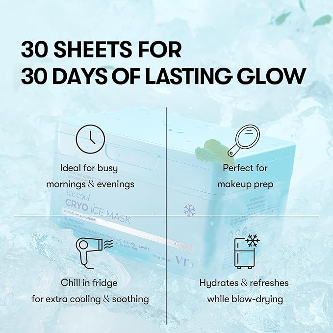 VT COSMETICS Cryo Ice Cool Mask, 30 Sheets, Cooling & De-Puffing Daily Sheet Mask, Hydrating Korean Face Mask, Xylitol & Hyaluronic Acid, K-Beauty Skincare