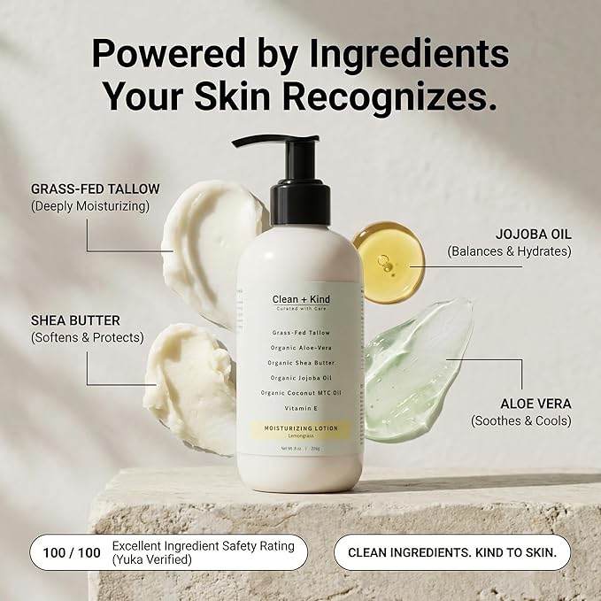 Daily Moisturizing Lotion – Tallow Body Lotion with Aloe Vera, Shea Butter, Jojoba Oil, MCT Oil & Vitamin E – Deep Hydration for Dry, Rough, Sensitive Skin (8 oz, Lemongrass)