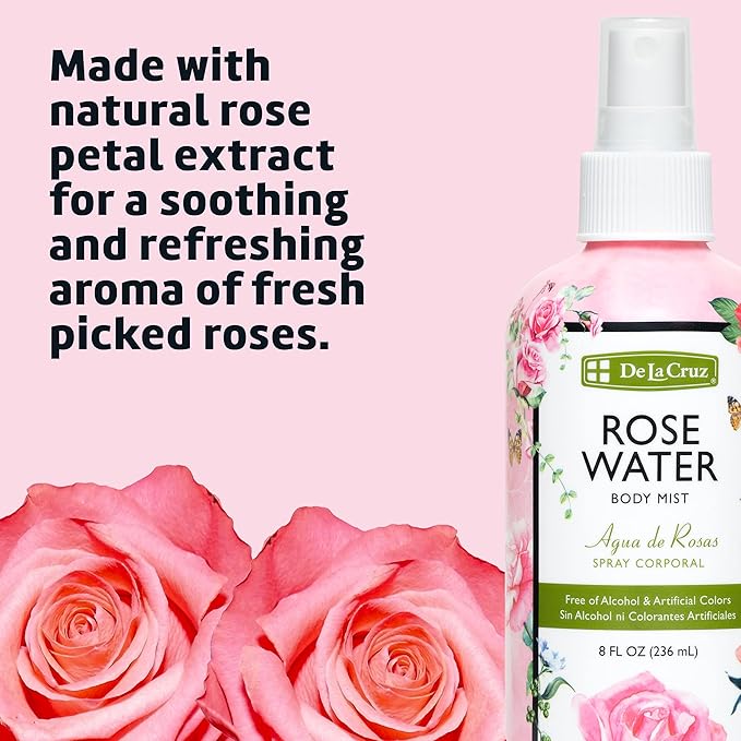 De La Cruz Rose Water Spray, No Parabens or Artificial Colors, Vegan, Made in USA 8 FL. OZ. (2 Bottles)