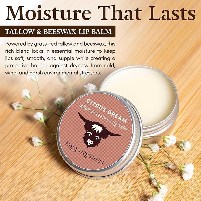 Citrus Dream Moisturizing Tallow Lip Balm – Nourishing & Soothing w/Organic Grass-Fed & Finished Tallow, 100% All Natural Beeswax & Essential Oils for Soft, Hydrated Lips, 0.5 oz., by Tagg Organics.