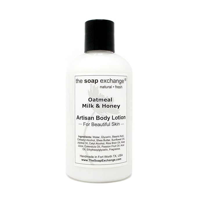 The Soap Exchange Body Lotion - Oatmeal, Milk & Honey Scent - Hand Crafted 8 fl oz / 240 ml Natural Artisan Skin Care for Hand, Face, & Body, Moisturize, Hydrate, & Protect. Made in the USA.