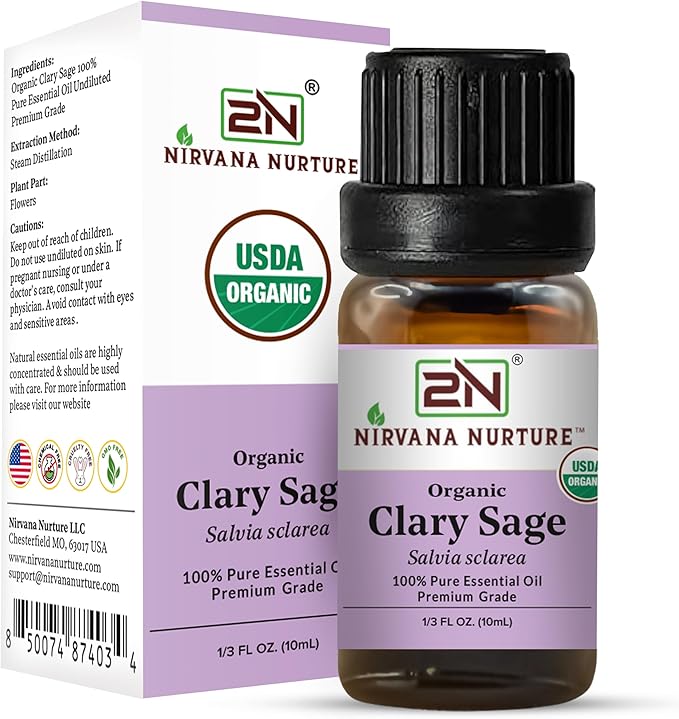 Clary Sage Essential Oil, USDA Certified Organic, 100% Pure Undiluted, Aromatherapy Oil for Diffuser, Hair & Skin Care