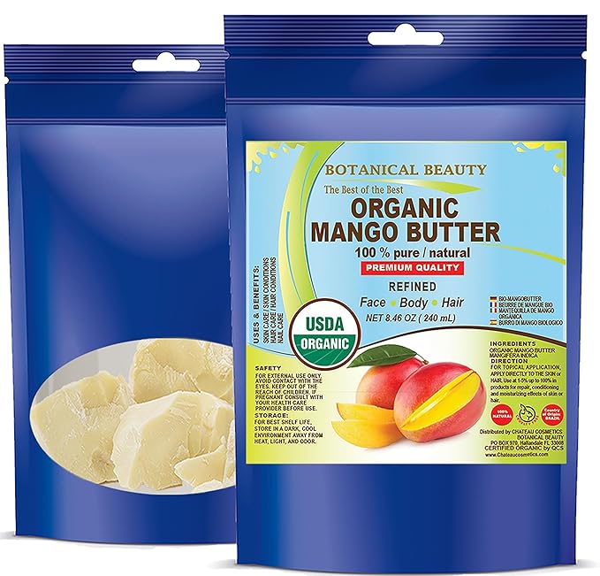 Botanical Beauty Organic MANGO BUTTER RAW 100% Pure Natural VIRGIN REFINED 8.46 oz - 240 gram for Face, Skin, Hair, Body, Nails. Skin Moisturizer. for Lotions, Cream. Rich in Vitamin E