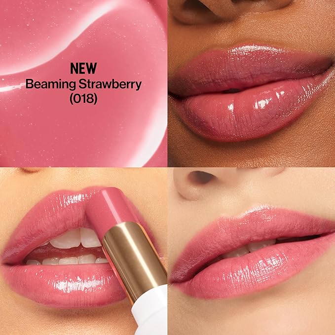 REVLON Super Lustrous Glass Shine Balm, Hydrating Tinted Lip Balm with Hyaluronic Acid, Aloe & Rose Quartz, Medium Pink Lipstick, NEW Shade, 018 Beaming Strawberry, 0.11 oz