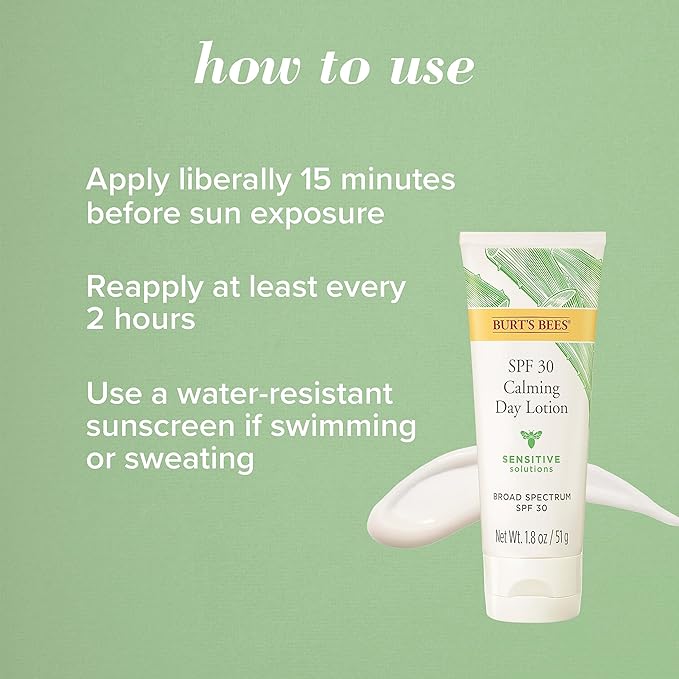 Burts Bees Sensitive Solutions SPF 30 Calming Day Lotion with Aloe and Rice Milk, Broad Spectrum SPF 30, Lightweight Mineral Sunscreen, 99.4% Natural Origin, 1.8 Fluid Ounces