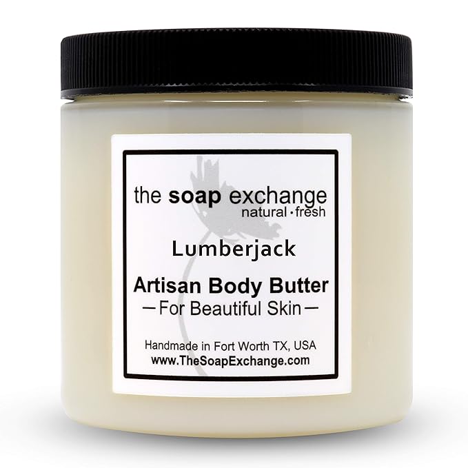 The Soap Exchange Body Butter - Lumberjack Scent - Hand Crafted 4 fl oz / 120 ml Natural Artisan Skin Care, Shea Butter, Aloe Vera, Nourish, Moisturize, & Protect. Made in the USA.