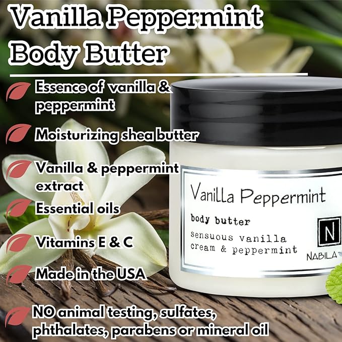 Nabila K Body Butter - Daily Moisturizer for Body Care - Skin Hydrating Deep Moisturizing - Natural Ingredients - Vanilla & Peppermint - 2 oz