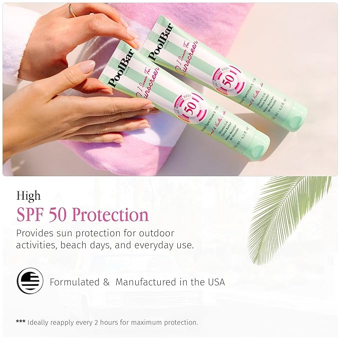 PoolBar SPF 50 Hydrating Mineral Body Sunscreen Cream for Women and Men Skin Care - Coconut Vanilla Scent Sun Care, Vegan and Water Resistant, Broad Spectrum Sunscreen, 130 ml (4.3 Fl. Oz)