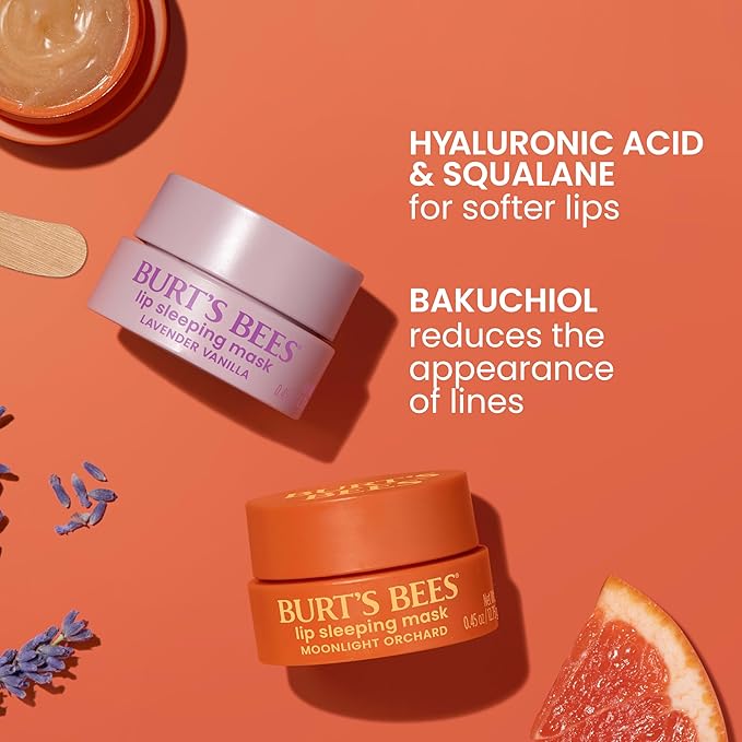 Burt’s Bees Lavender Vanilla Lip Sleeping Mask, With Hyaluronic Acid and Squalane Moisturizer To Instantly Hydrate Lips, Overnight Mask and Treatment, 0.45 oz.