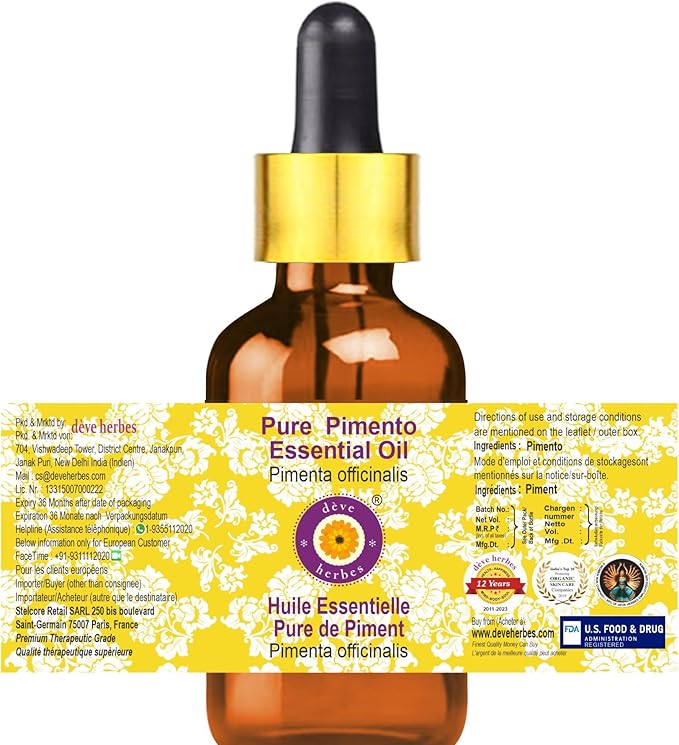 Deve Herbes Pure Pimento Essential Oil (Pimenta officinalis) with Glass Dropper Steam Distilled 100ml (3.38 oz)