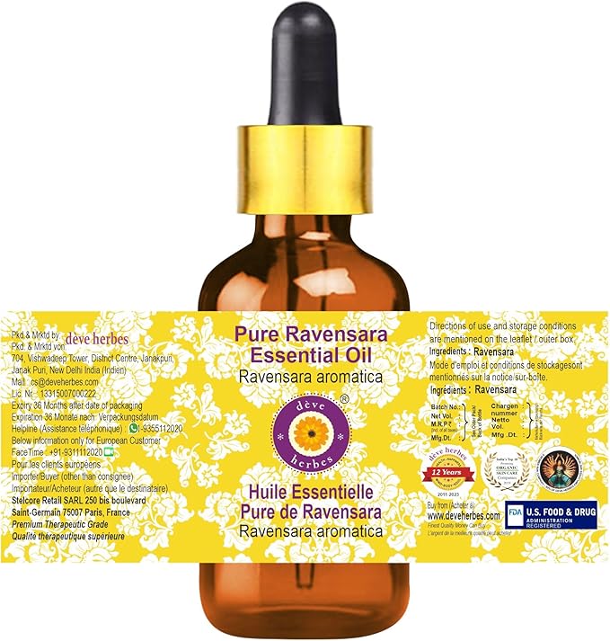Deve Herbes Pure Ravensara Essential Oil (Ravensara aromatica) Steam Distilled with Glass Dropper (Pack of Three) 100ml X 3 (10 oz)