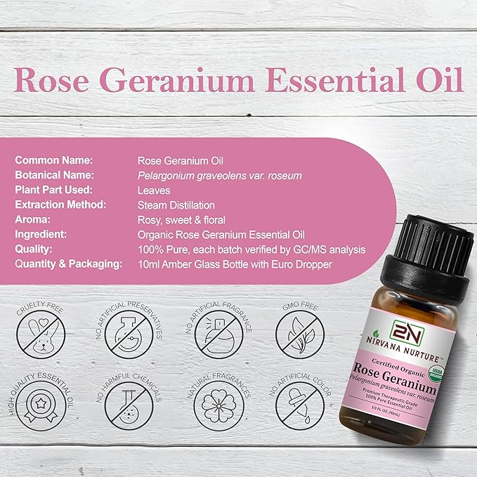 Rose Geranium Essential Oil, USDA Certified Organic, 100% Pure Undiluted, Aromatherapy Oil for Diffuser, Hair & Skin Care