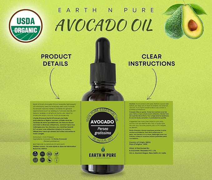 Earth N Pure Avocado Oil Cold Pressed, Natural and Therapeutic Grade for Hair and Skin - 30 ml