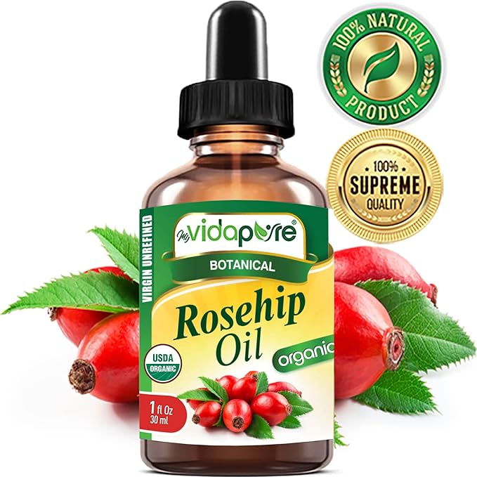 MYVIDAPURE Organic ROSEHIP OIL Certified Organic WILD GROWTH RAW Pure VIRGIN UNREFINED for Face, Body, Hair and Lip Care (1 Fl Oz)