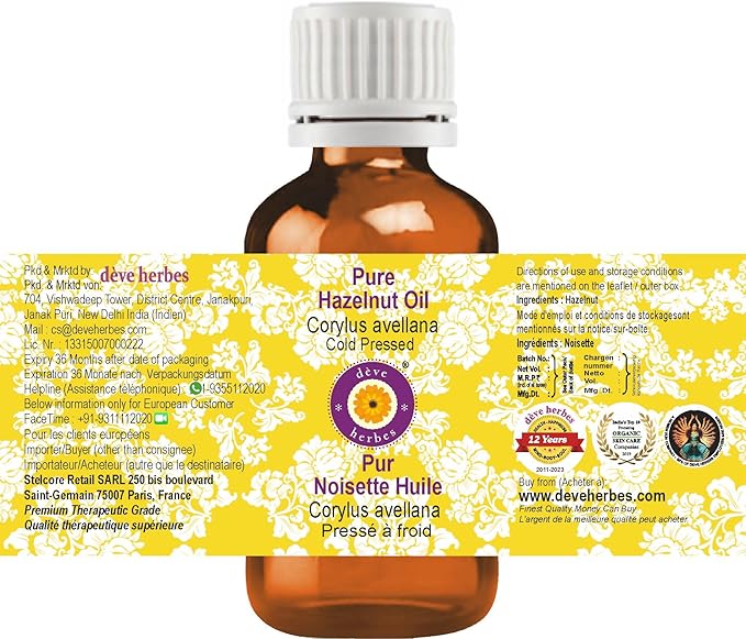 Deve Herbes Hazelnut Oil (Corylus avellana) | Cold Pressed | Pure | Natural | Undiluted | For Diluting Essential oils | For Skin & Massage | Non-Sticky | Lightweight | Men & Women | 15ml (0.50 oz)