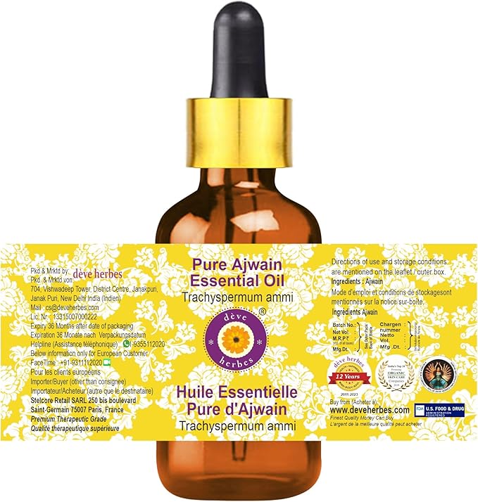 Deve Herbes Pure Ajwain Essential Oil (Trachyspermum ammi) with Glass Dropper Steam Distilled 10ml (0.33 oz)
