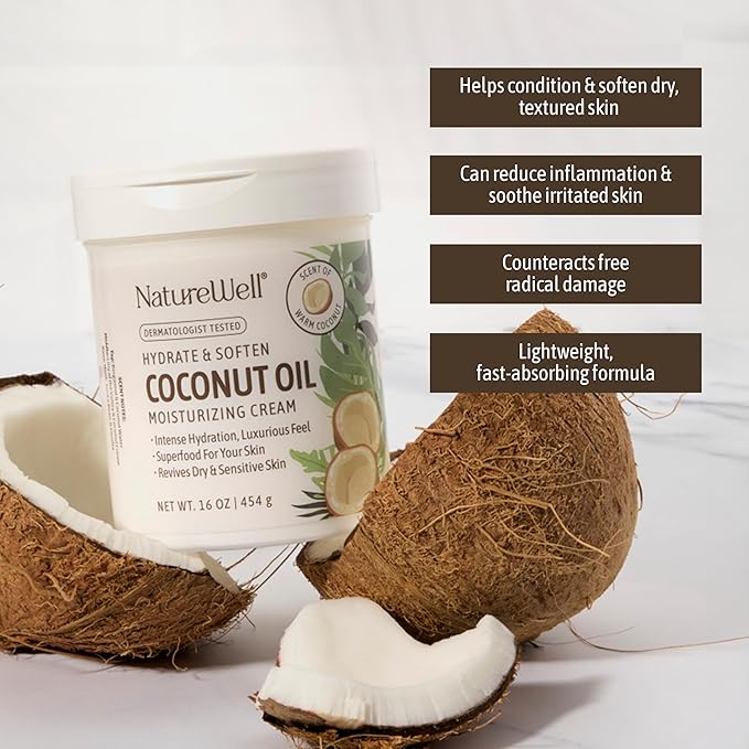 NATURE WELL Coconut Oil Moisturizing Cream for Dry Skin – Deep Hydration Lotion for Face, Body & Hands, Spa Quality Skincare, Softens & Smooths, Non-Greasy, Fast Absorbing, Vitamins A C E (10 Oz)