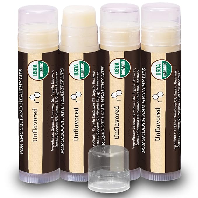 Earth's Daughter USDA Organic Lip Balm 4-Pack Unflavored - Beeswax, Coconut Oil, Vitamin E - Best Lip Repair Chapstick for Dry Cracked Lips.