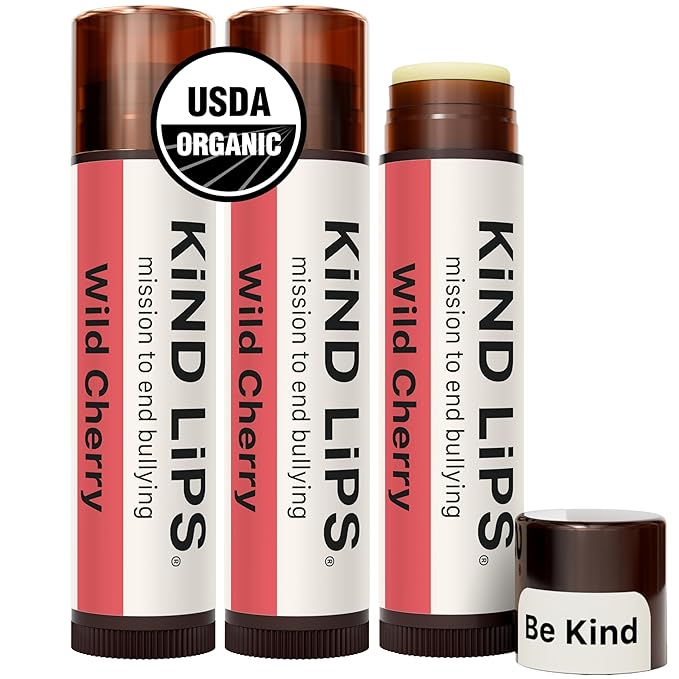 Kind Lips Wild Cherry Lip Balm (3 Pack) – Organic Flavored Lip Balm for Dry, Cracked Lips – Natural Beeswax Moisturizing Lip Care with Sweet Cherry Flavor